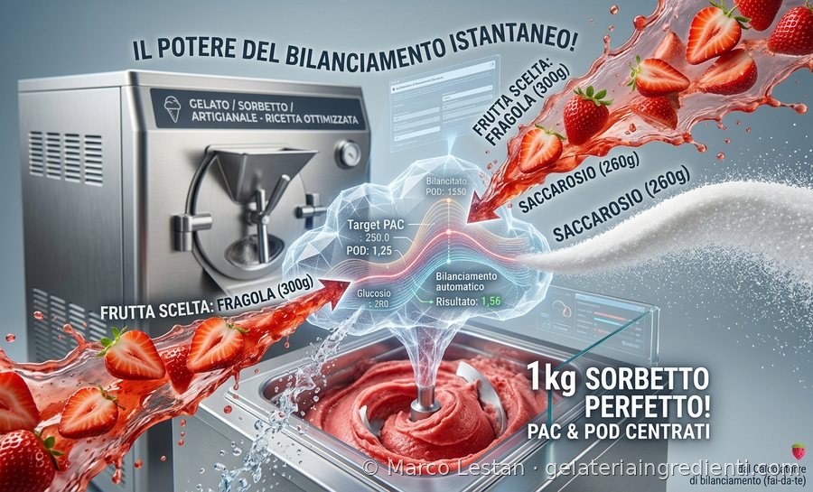 Il potere del bilanciamento istantaneo: frutta e saccarosio inseriti nel calcolatore, destrosio e acqua calcolati automaticamente per centrare il target PAC e ottenere un sorbetto perfettamente bilanciato