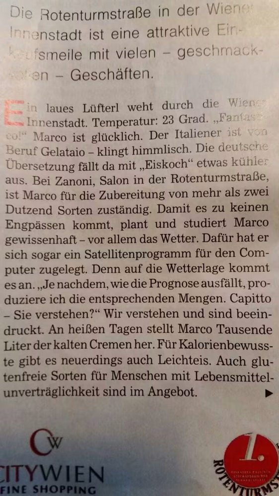 Ritaglio di giornale (CityWien) su Marco gelatiere alla gelateria Zanoni in Rotenturmstraße a Vienna