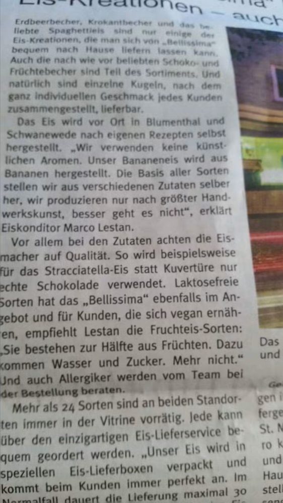 Ritaglio di giornale sulla gelateria Bellissima a Blumenthal e Schwanewede, con dichiarazioni dell'eiskonditor Marco Lestan