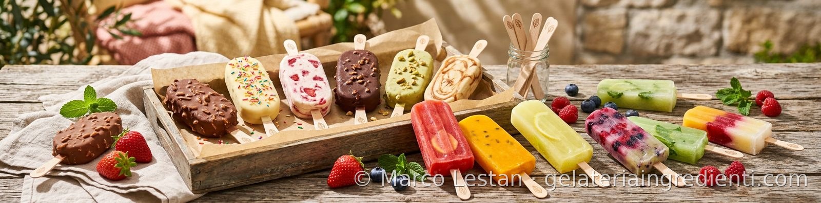 Ghiaccioli alla frutta e gelati a stecco ricoperti con granelle, su un tavolo di legno con frutta fresca