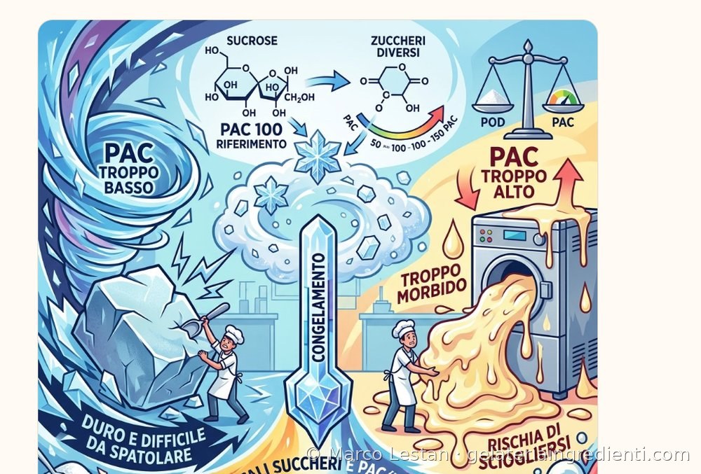 Infografica su PAC e POD nel gelato: PAC troppo basso rende il gelato duro e difficile da spatolare, PAC troppo alto lo rende troppo morbido e a rischio di sciogliersi; saccarosio come riferimento PAC 100 rispetto a zuccheri diversi; bilanciare POD e PAC insieme considerando i solidi totali