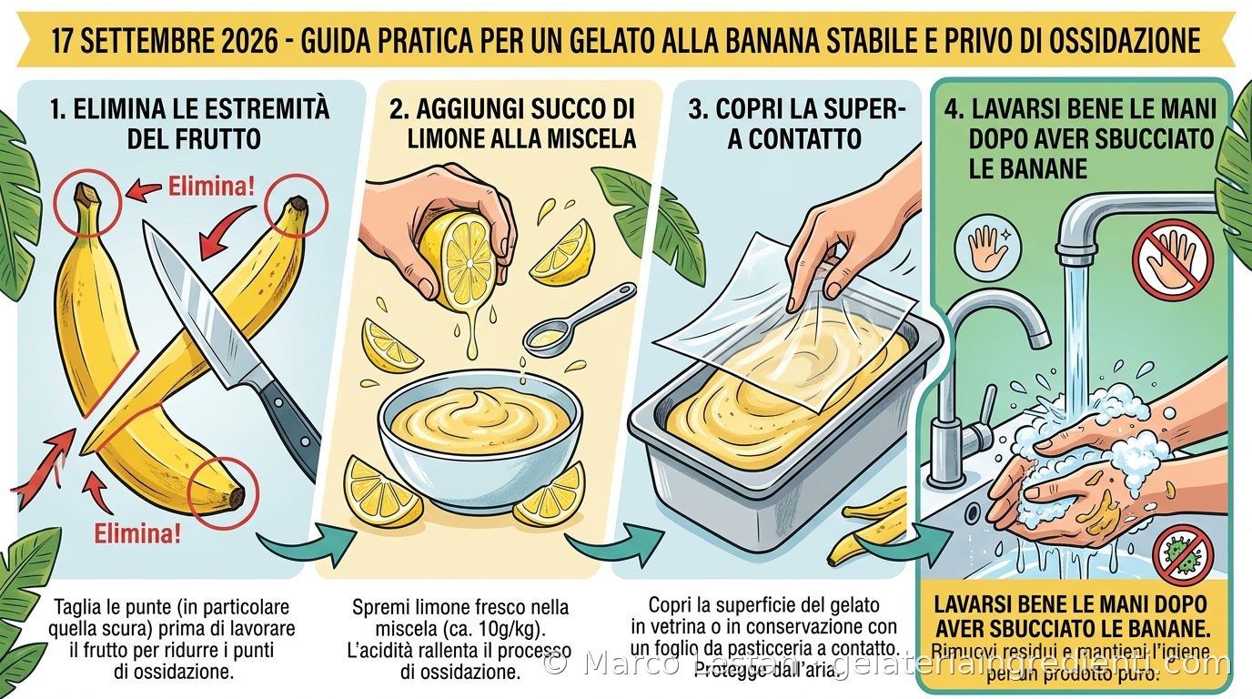 Guida pratica per un gelato alla banana stabile e privo di ossidazione: eliminare le estremità del frutto, aggiungere succo di limone, coprire la superficie a contatto, lavarsi bene le mani dopo aver sbucciato le banane