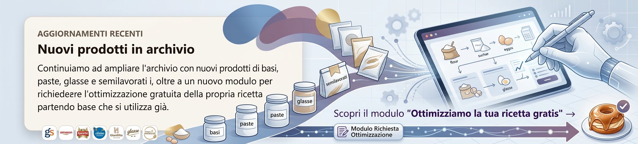 Nuovi prodotti in archivio: basi, paste, glasse e semilavorati di diverse aziende, più il modulo per richiedere l'ottimizzazione gratuita della propria ricetta