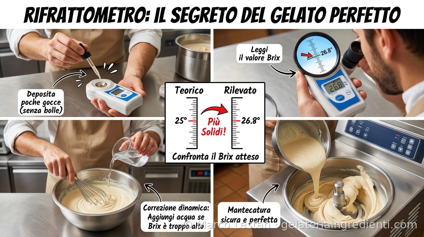 Rifrattometro: il segreto del gelato perfetto — deposita poche gocce senza bolle, leggi il valore Brix, confronta il Brix atteso con quello rilevato, correzione dinamica aggiungendo acqua se il Brix è troppo alto, mantecatura sicura e perfetta