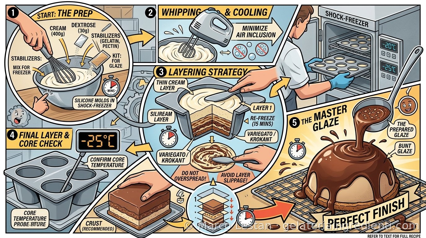 Guida illustrata ai 5 passaggi per fare una torta gelato a strati: preparazione, montatura e raffreddamento, strategia degli strati, ultimo strato e controllo temperatura al cuore, glassa finale